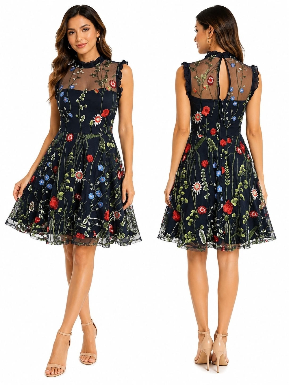 City Studio Black Mesh Floral Embroidered Midi Dress